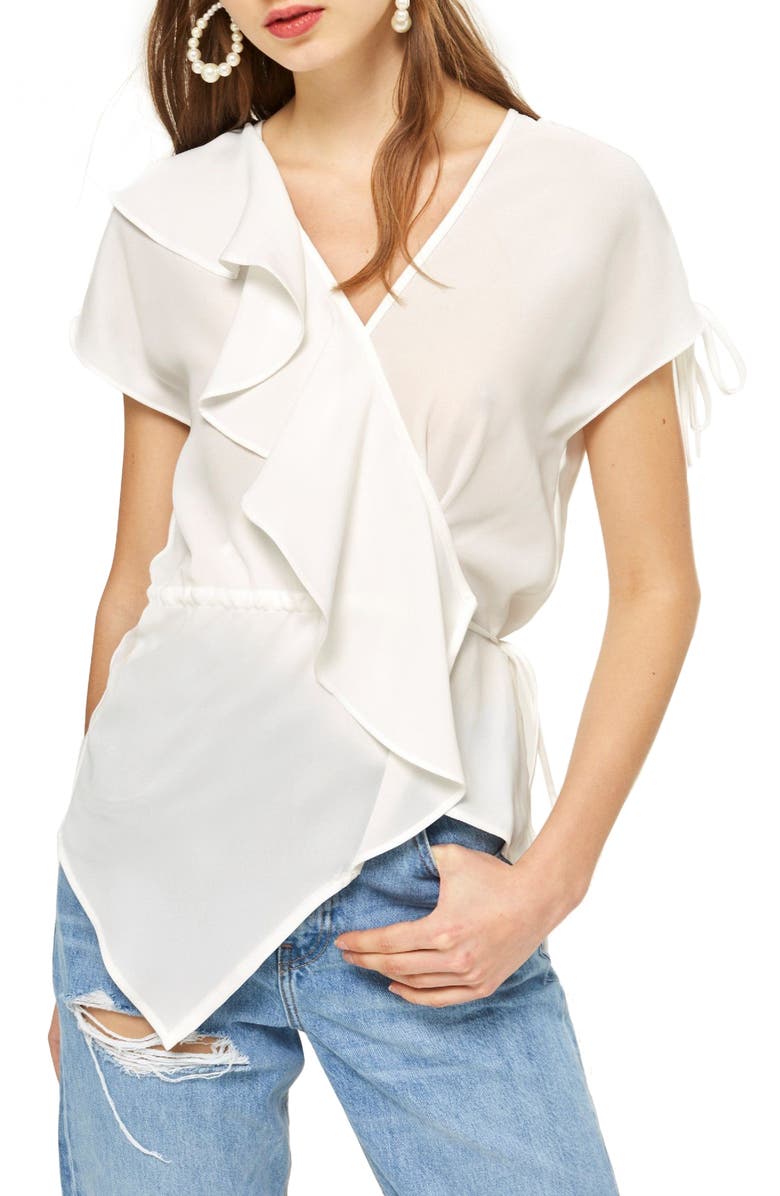 Topshop Ruffle Asymmetrical Drawstring Blouse, Main, color,