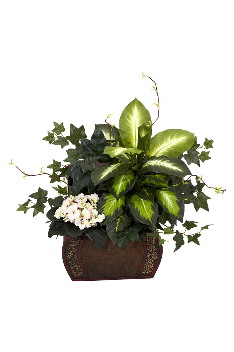 African Violet, Dieffenbachia & Ivy with Chest Artificial Plant, Main, color, Green