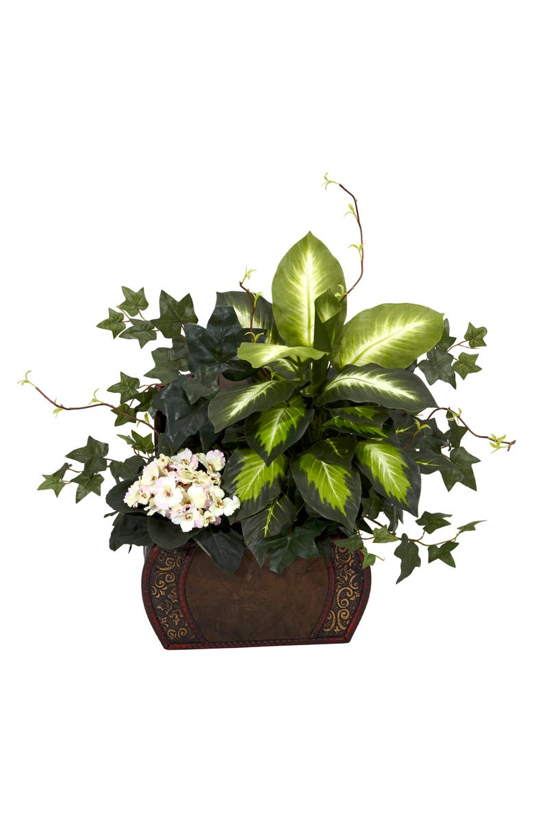 NEARLY NATURAL African Violet, Dieffenbachia & Ivy with Chest Artificial Plant, Main, color, Green