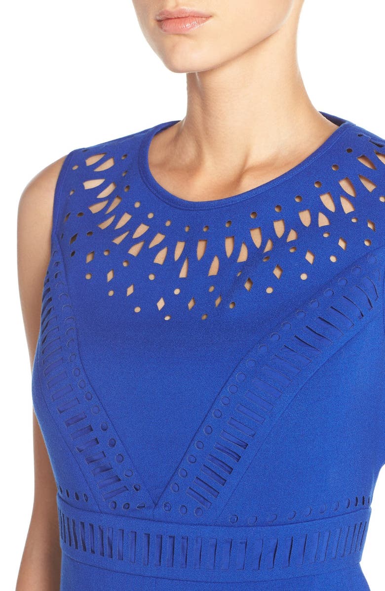 Eliza J Laser Cut Crepe Sheath Dress, Alternate, color, 
