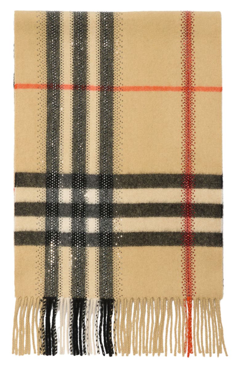 Burberry Crystal Embellished Check Cashmere Fringe Scarf, Alternate, color, Sand