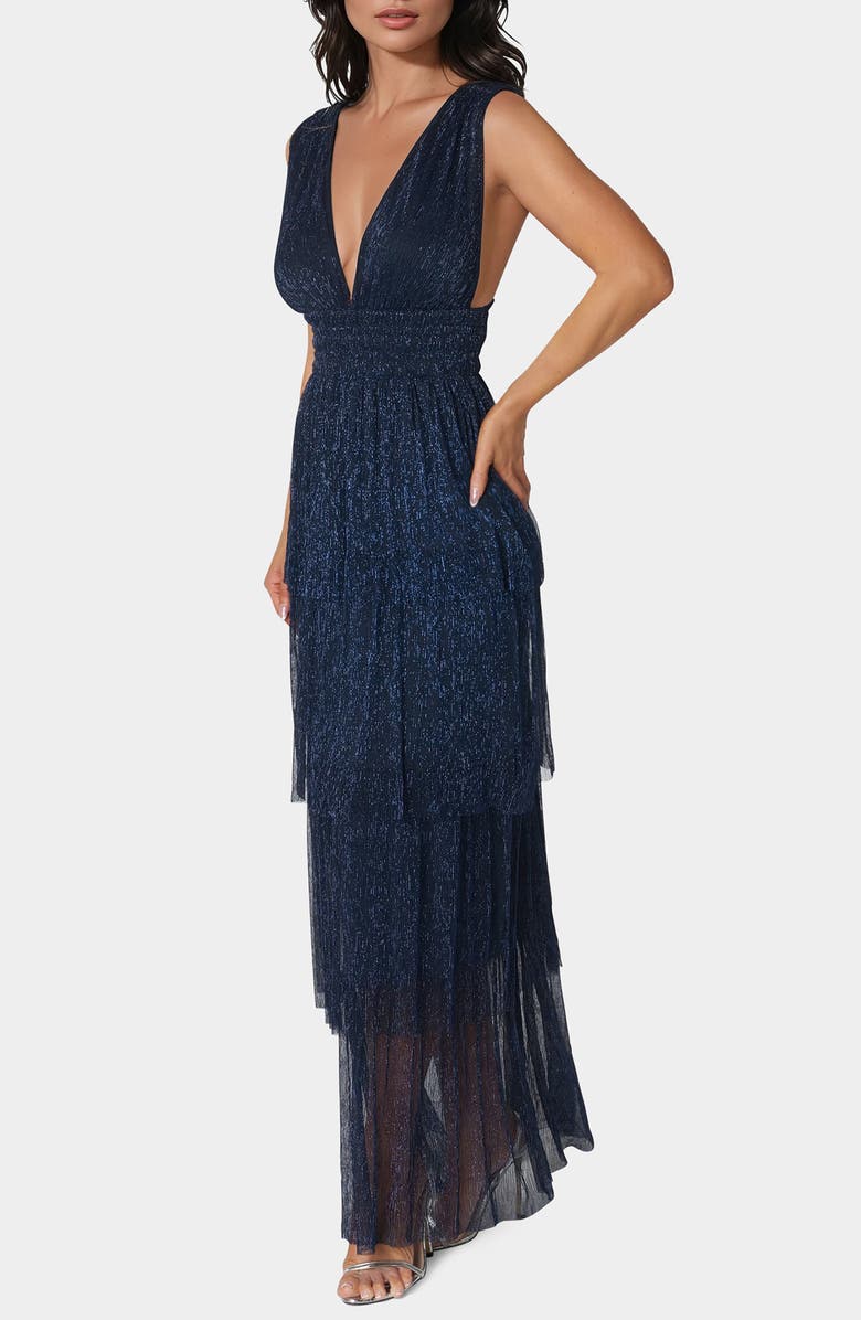 bebe Plunge Neck Tiered Maxi Dress, Alternate, color, Navy