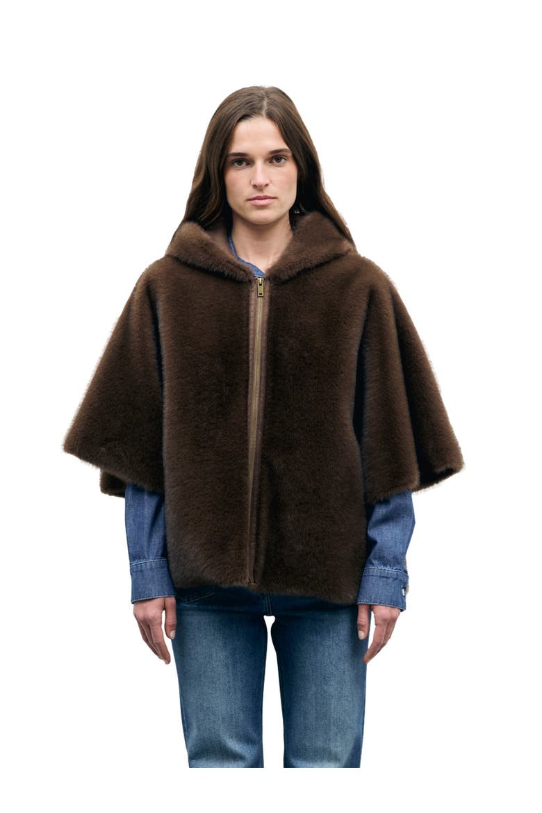 Amel Faux Fur Hooded Cape, Main, color, Cigar
