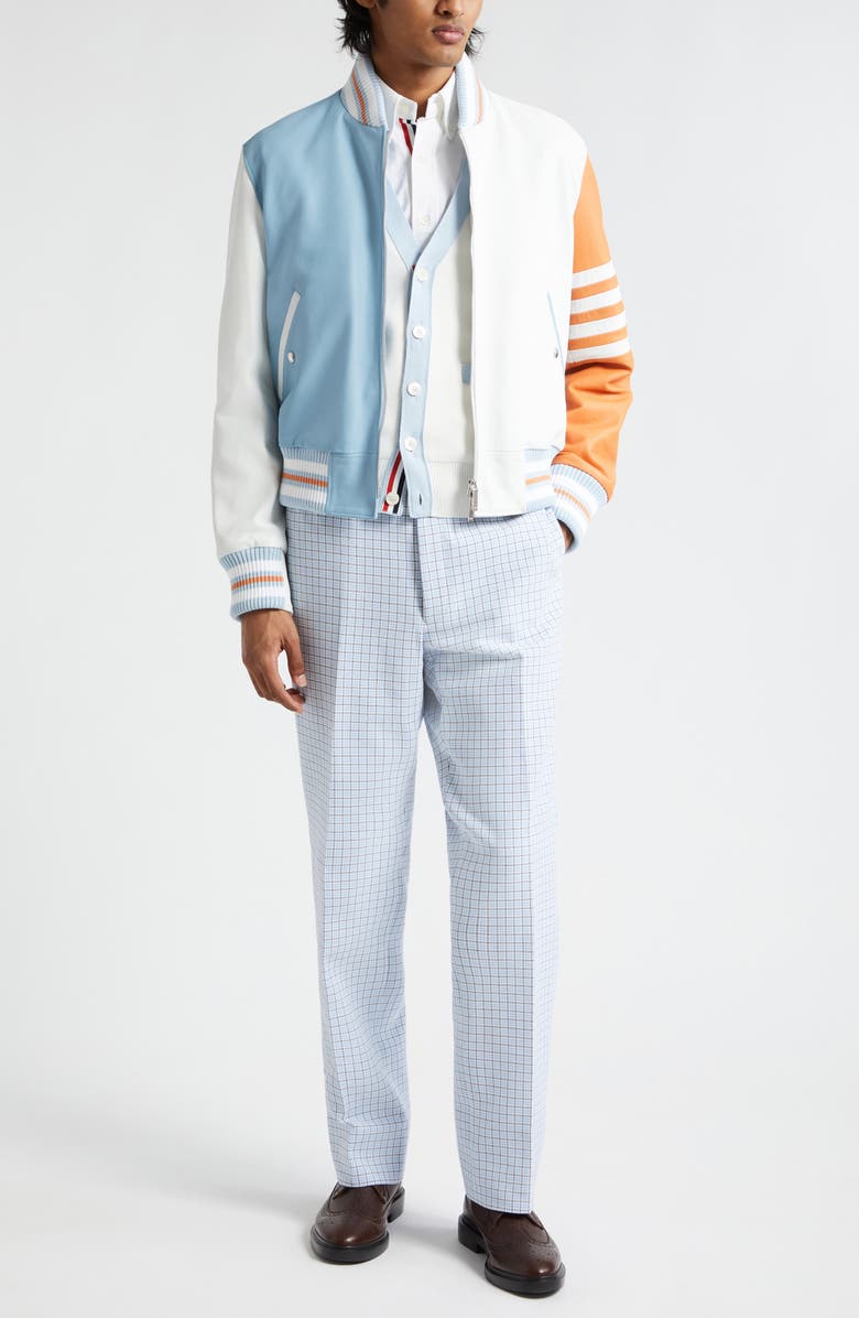 Thom Browne Fun-Mix 4-Bar Colorblock Leather Bomber Jacket, Alternate, color,