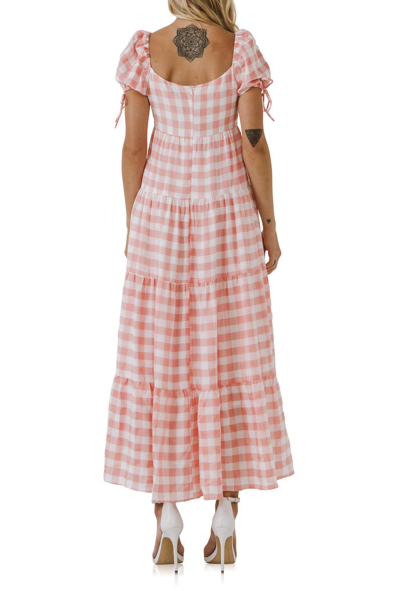 Gingham Knot Tiered Cotton Blend Midi Dress, Alternate, color, PINK