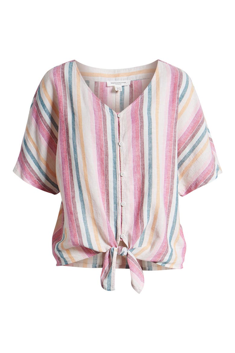 Kelli Stripe Tie Front Linen & Cotton Blouse, Alternate, color, PINK ALE