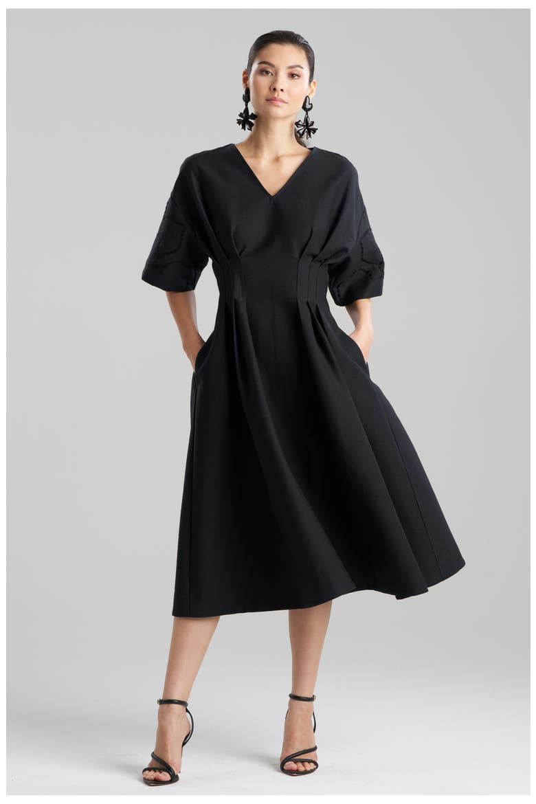 CANVAS V-Neck Pleat Release Dress with Embroidery, Main, color, BLACK