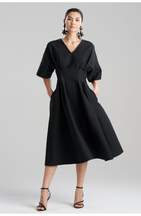 CANVAS V-Neck Pleat Release Dress with Embroidery