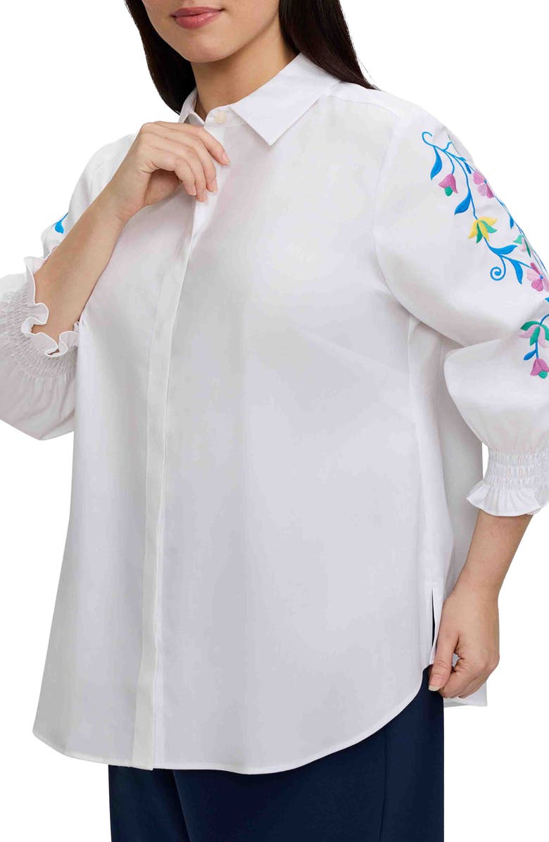 Foxcroft Olivia Embroidered Sleeve Stretch Cotton Blend Button-Up Shirt, Alternate, color, White
