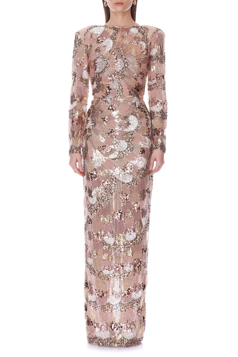 Sequin & Beaded Long Sleeve Gown, Main, color, METALLIC