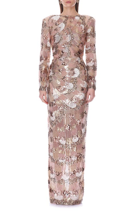 Sequin & Beaded Long Sleeve Gown