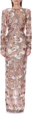 BRONX BANCO Sequin & Beaded Long Sleeve Gown