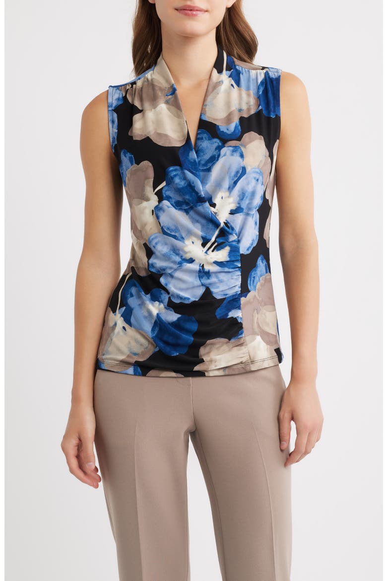 Floral Ruched Faux Wrap Top, Main, color, ANNE BLACK/ DUTCH BLUE MULTI