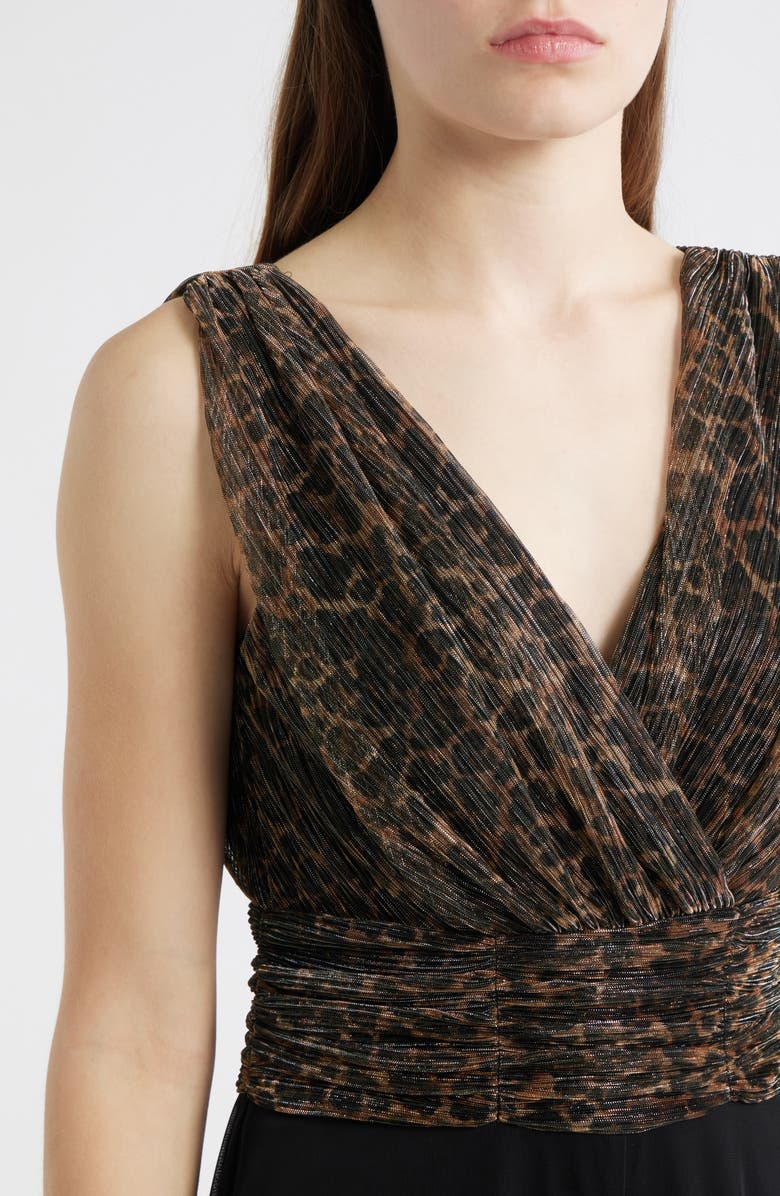 Connected Apparel Metallic Leopard Print Bodice Chiffon Jumpsuit, Alternate, color, Black