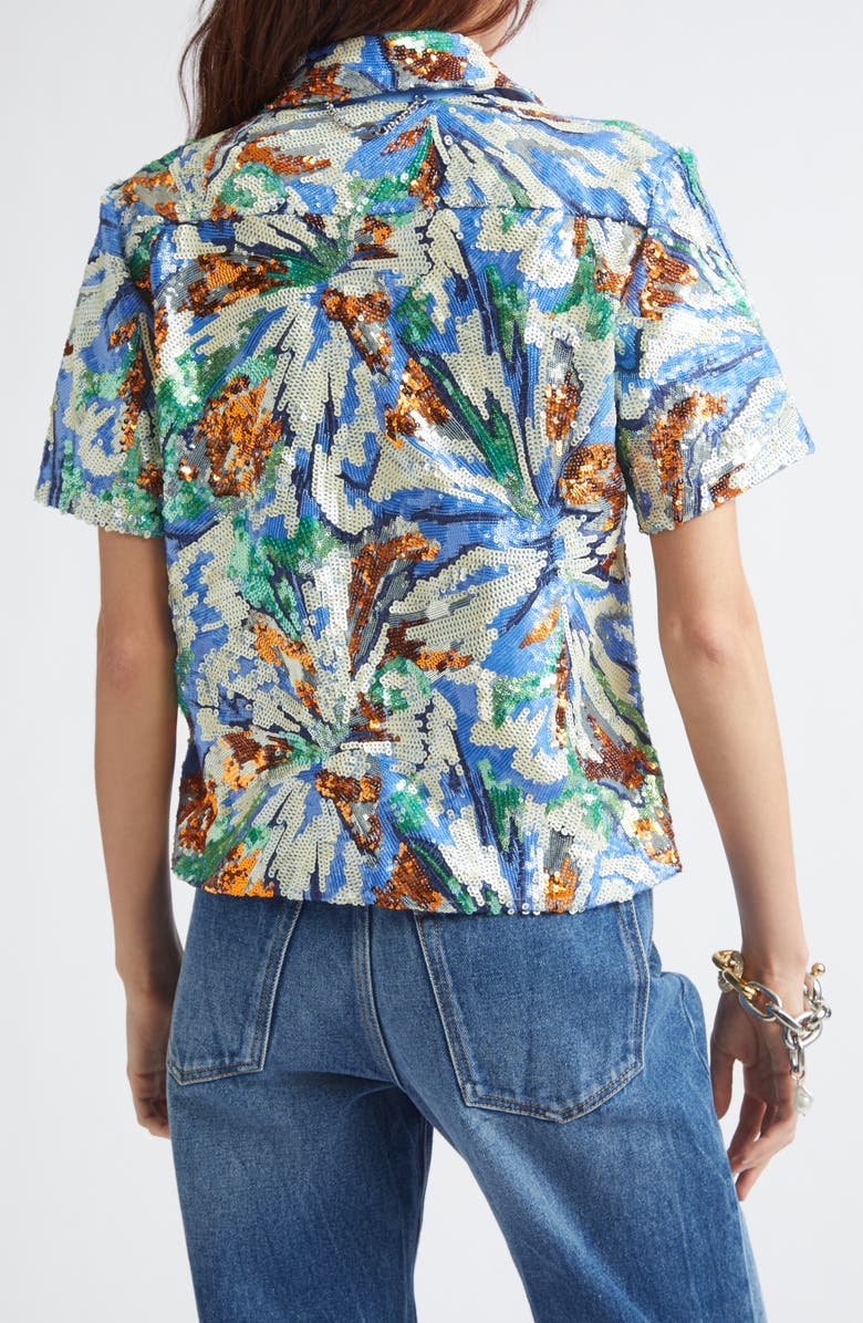 Rabanne Floral Sequin Short Sleeve Shirt, Alternate, color, Abstract Blue Flowers