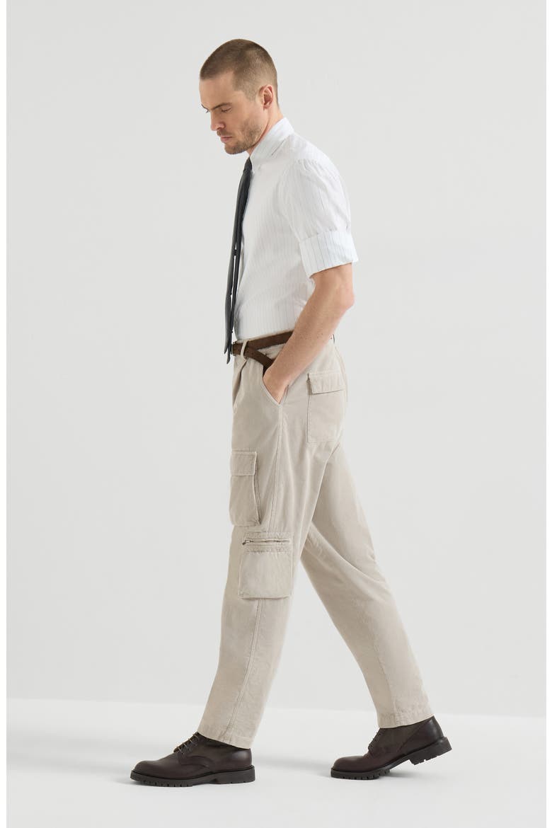 Garment-dyed trousers in cotton narrow wale corduroy with cargo pockets and waist tabs, Alternate, color, White