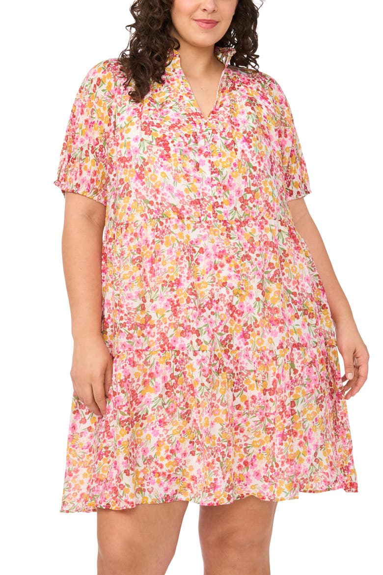 Floral Tiered Ruffle Neck Cotton Dress, Alternate, color, NEW IVORY/ PINK MULTI