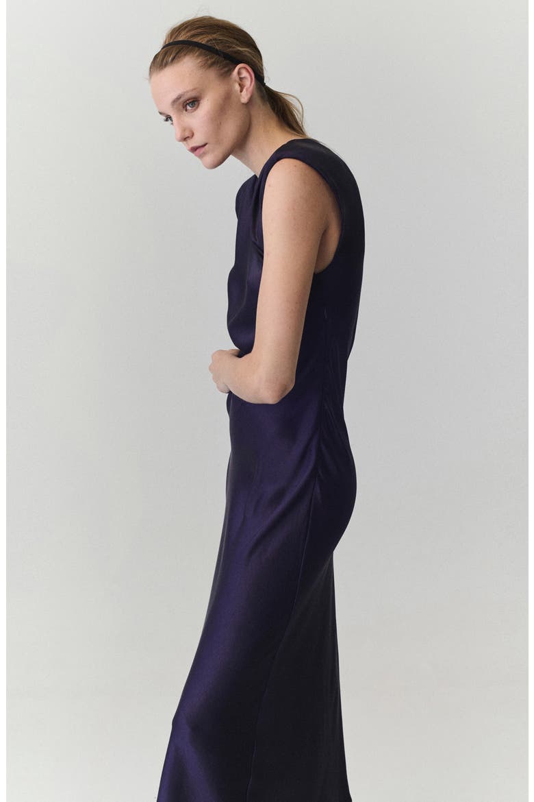 Shoulder Pad Sleeveless Satin Midi Dress, Alternate, color, NIGHT BLUE