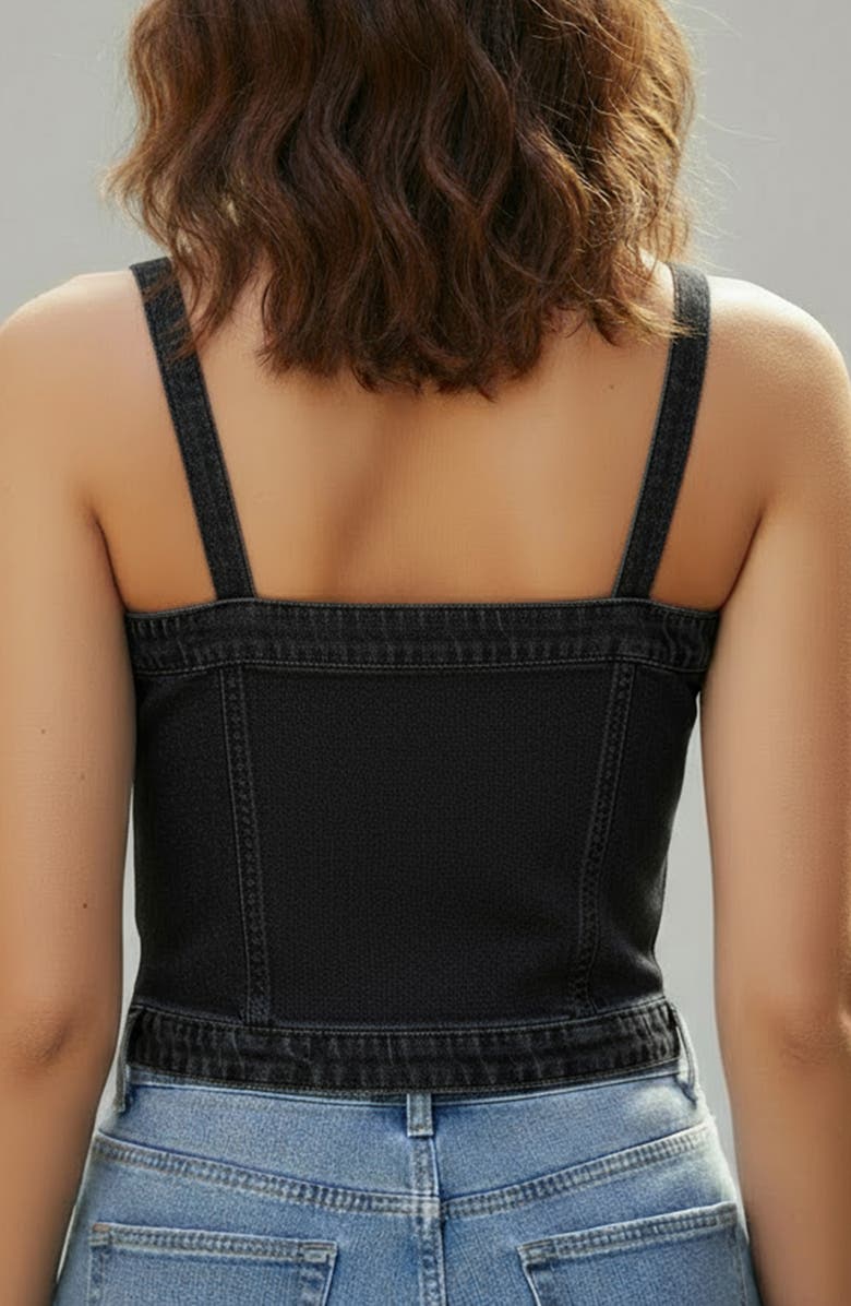 bebe Embellished Denim Croset Top, Alternate, color, Indigo Wash