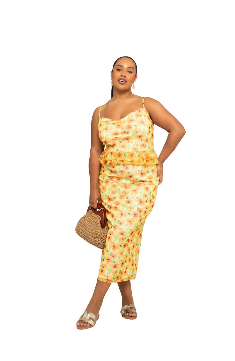 FASHION-SZN CURVE Floral Print Peplum Midi Dress, Main, color, Yellow