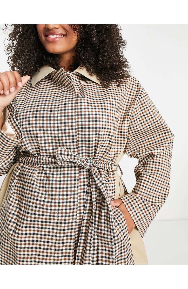 ASOS DESIGN Curve Gingham Trench Coat, Alternate, color,