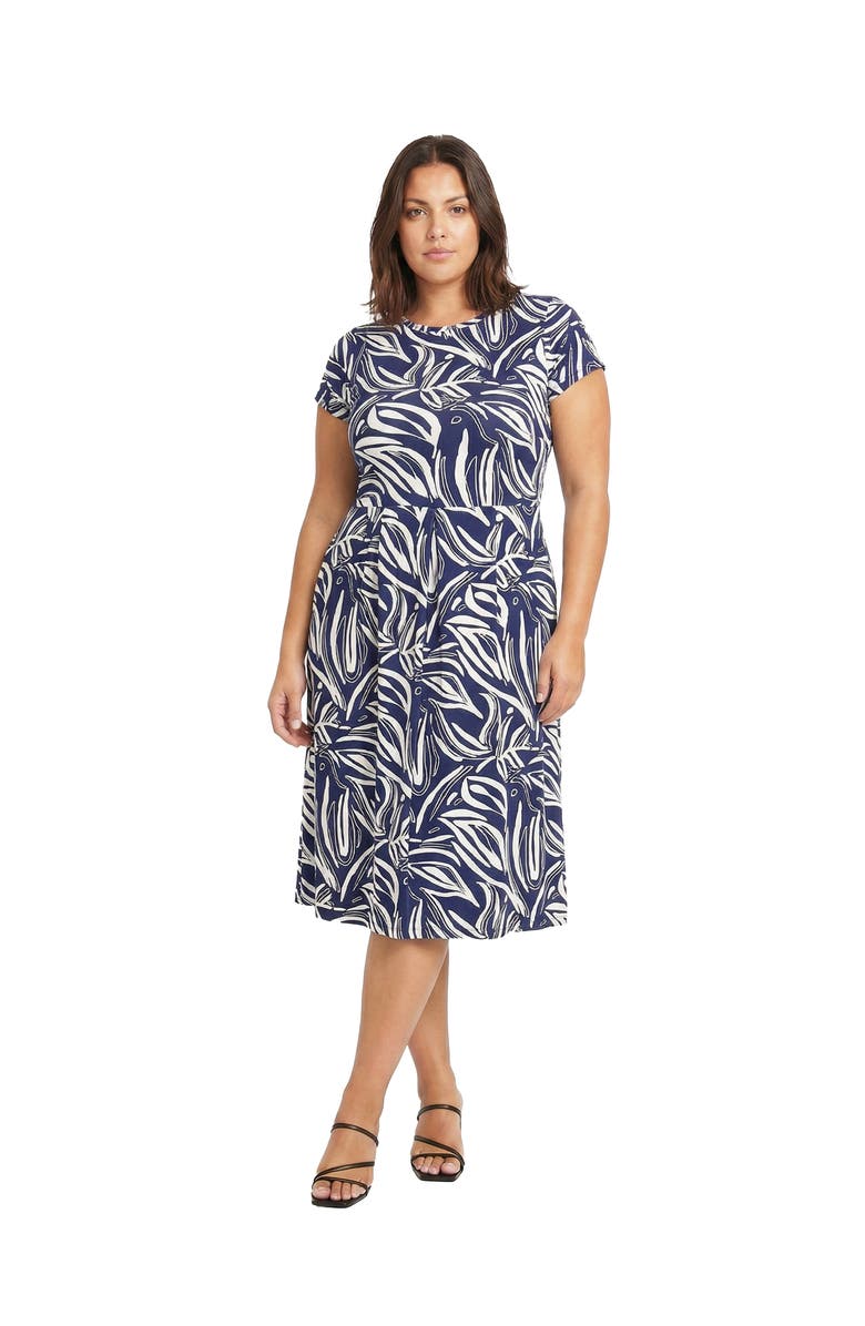24seven Comfort Apparel Curvy Essential Abstract Print Short Sleeve Boat Neck Pleated Pocket Fit & Flare Midi Dress, Main, color, Navy Multi