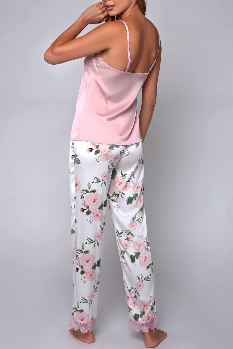 Lace Trim Satin Cami & Floral Pants Pajama Set, Alternate, color, Pink