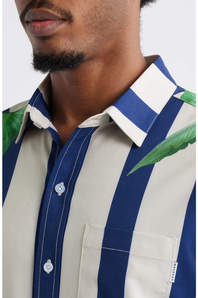 Stripe Palm Frond Short Sleeve Performance Button-Up Shirt, Alternate, color, GREEN