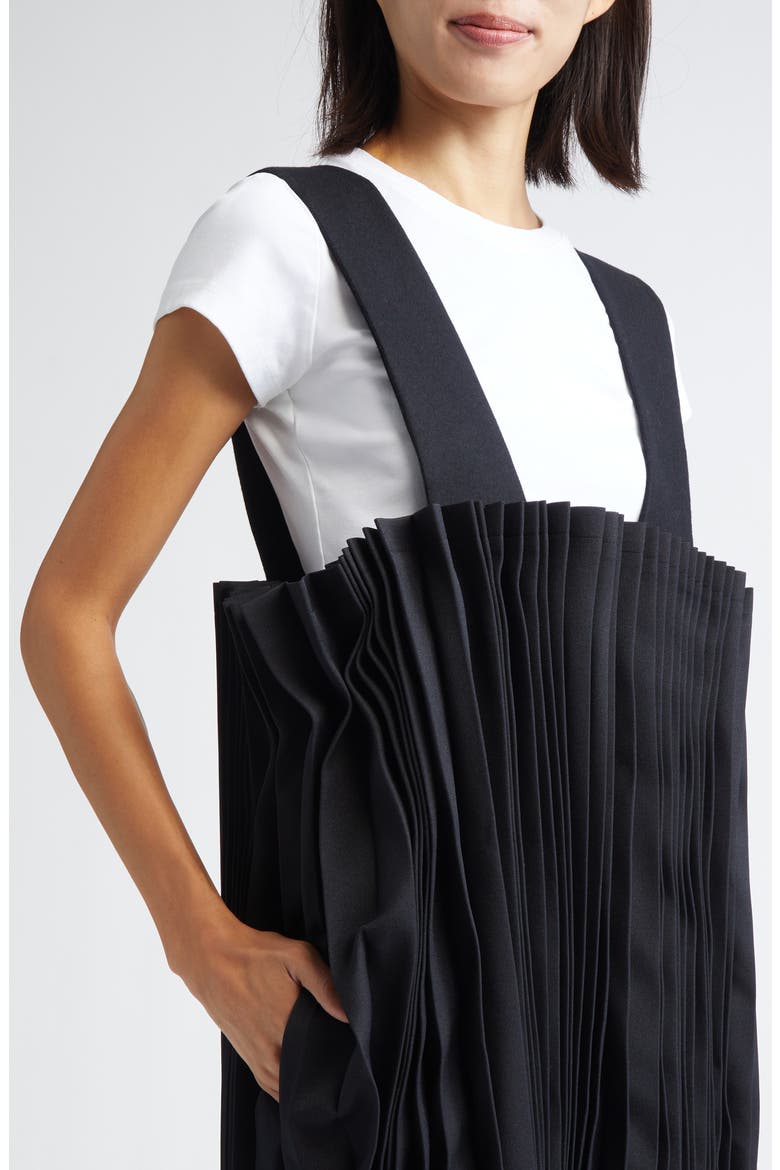 Pleated Mixed Media Twill & Tricot Pinafore Dress, Alternate, color, BLACK X BLACK