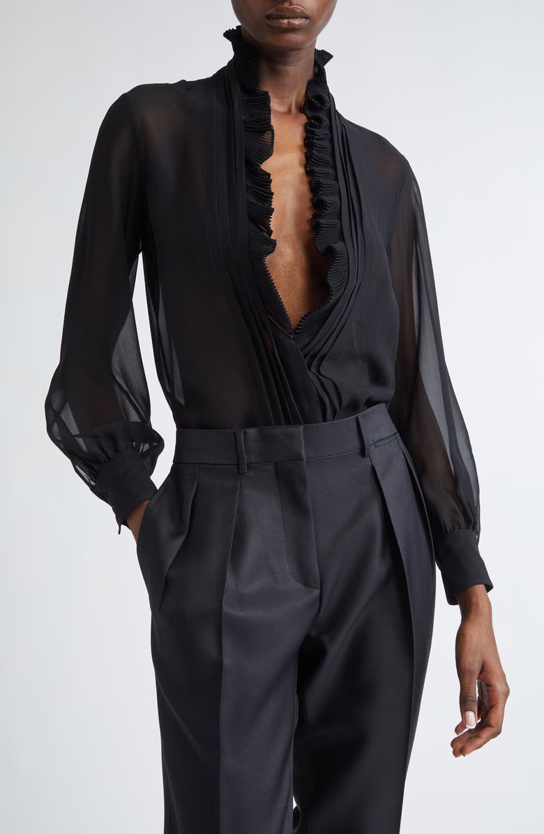 TOM FORD Ruffle Silk Georgette Tuxedo Shirt, Main, color,