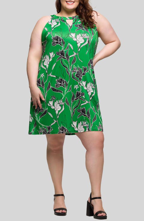 Print Sleeveless Keyhole Cutout Dress (Plus)