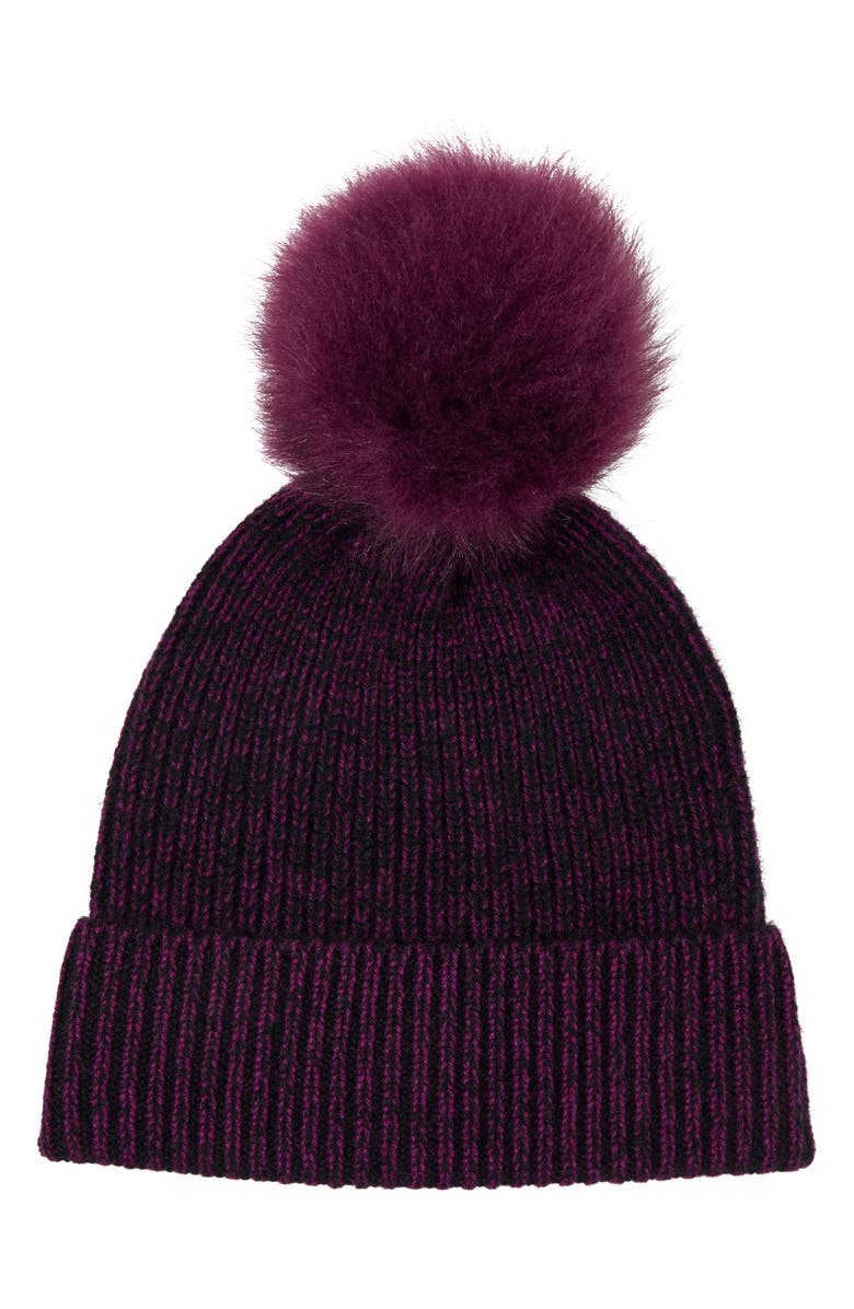 Amicale Two-Tone Rib Knit Beanie with Genuine Shearling Pom, Main, color, 