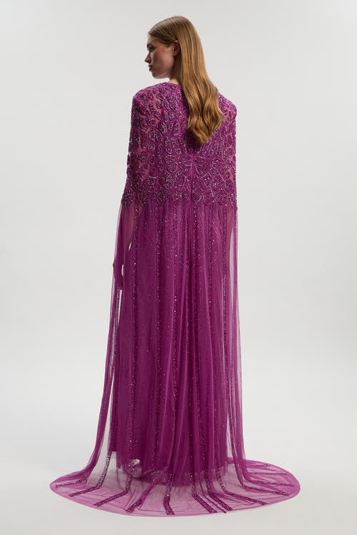 Karen Millen Premium Embellished Caped Maxi Dress In Purple