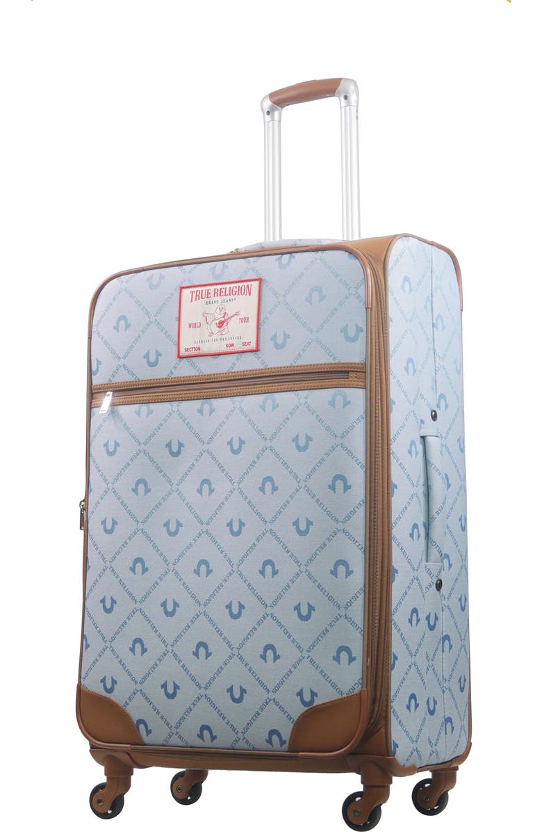 True Religion Soft Sided 31" Expandable, Spinner Luggage wiith Ionic logo monogram and Buddha patch, Main, color, Denim