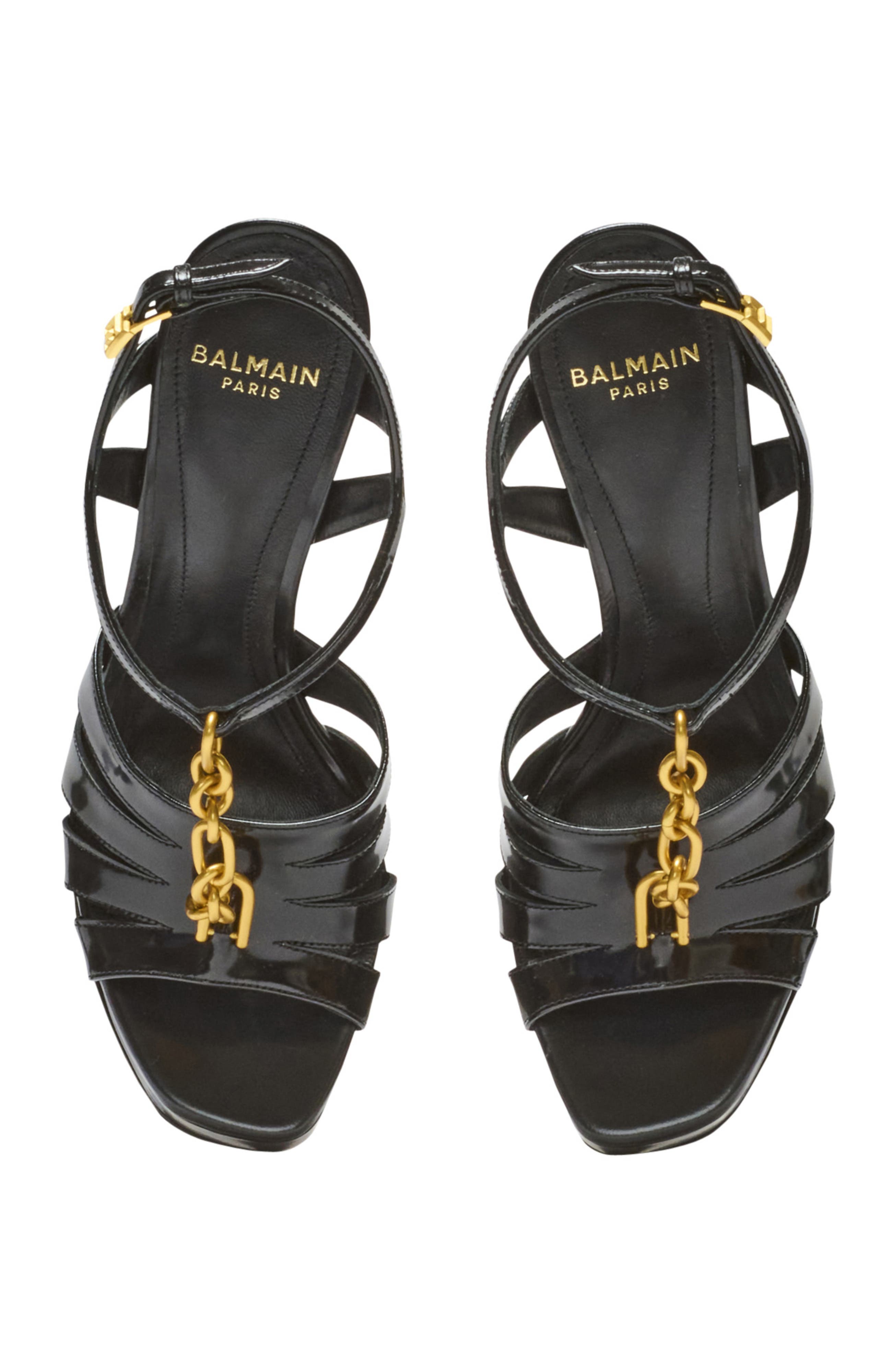 Balmain Sync platform sandals in patent lambskin, Alternate, color, Black
