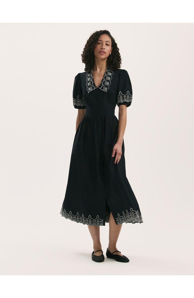 Finery London Arianna Embroidered Cotton Midi Dress, Main, color, Black