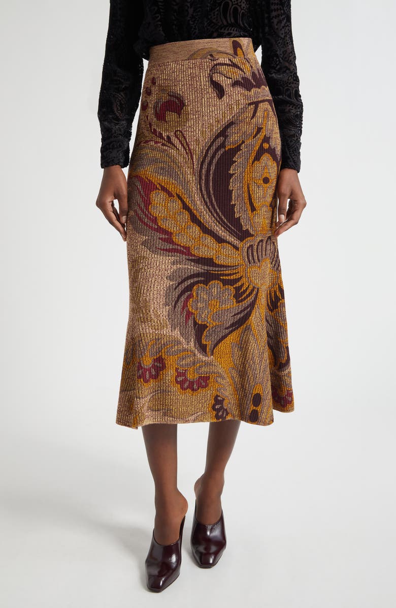 Etro Paisley Rib Wool Trumpet Skirt, Main, color, Beige Multi