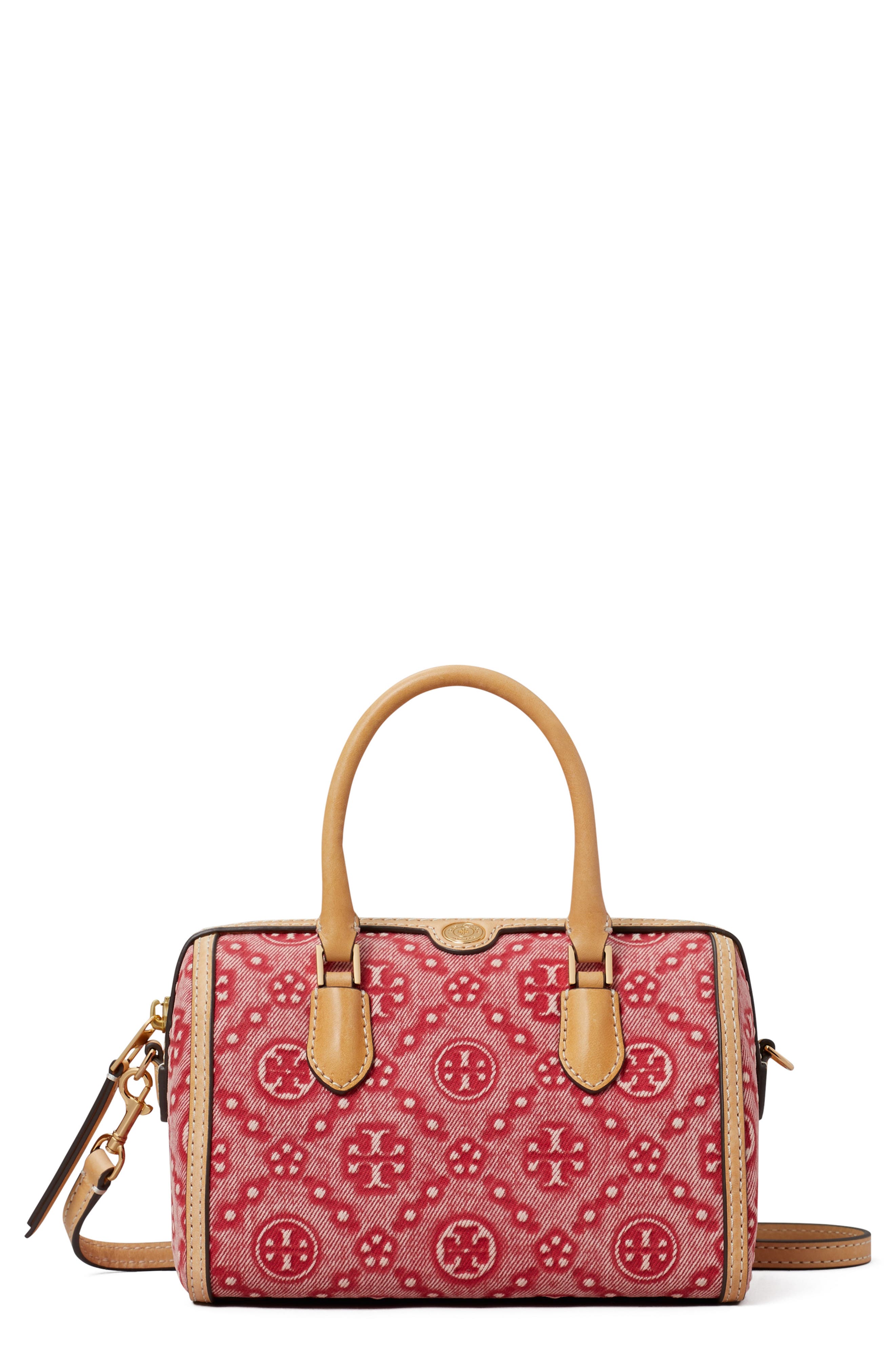 Tory Burch Petite T Monogram Jacquard Barrel Bag, Main, color, Brilliant Red