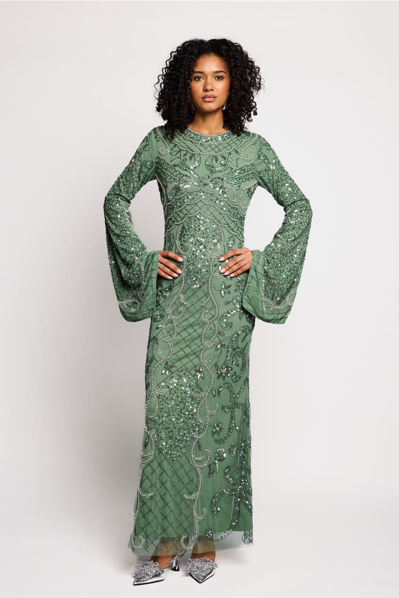 Modest Embellished Sequins Flutter Sleeves Gown, Alternate, color, DARK GREEN