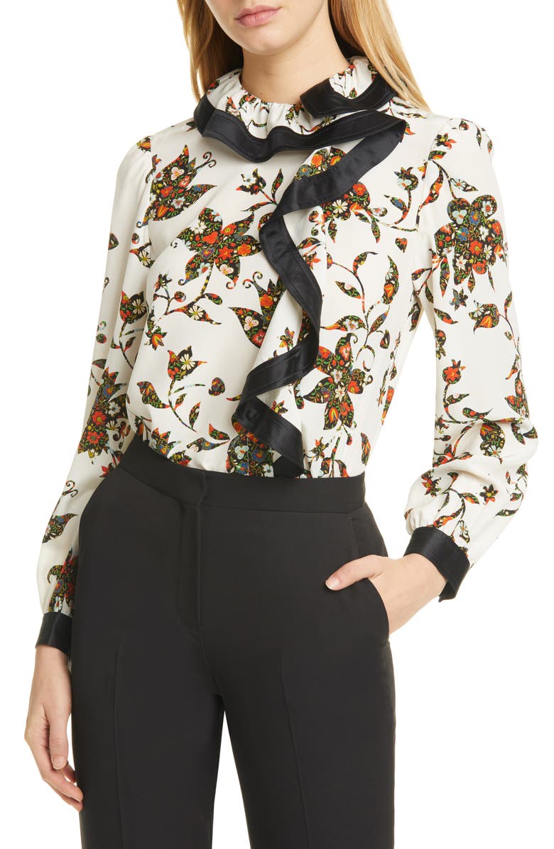 Tory Burch Ruffle Floral Silk Blouse, Main, color, 