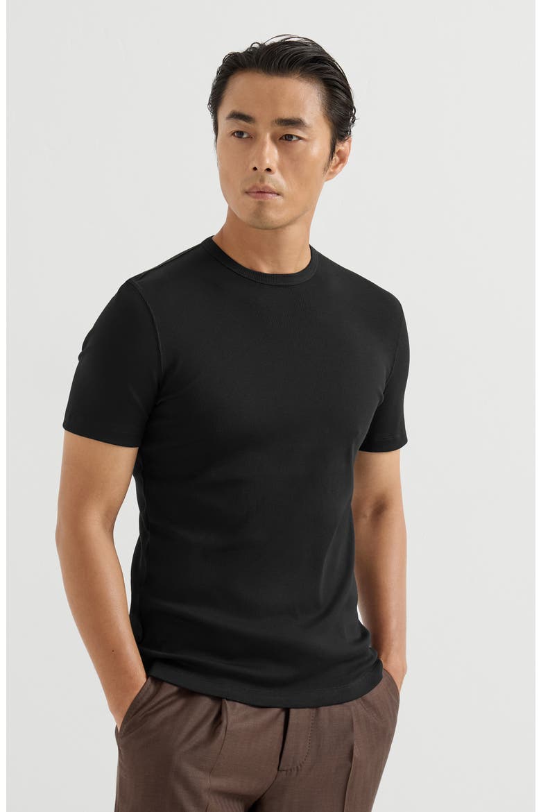 Stretch cotton and modal ribbed jersey crew neck T-shirt, Main, color, Black