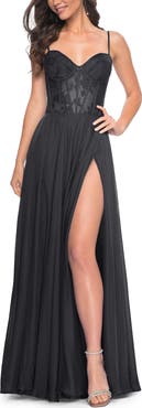 La Femme Chiffon and Lace Gown with Bustier Top
