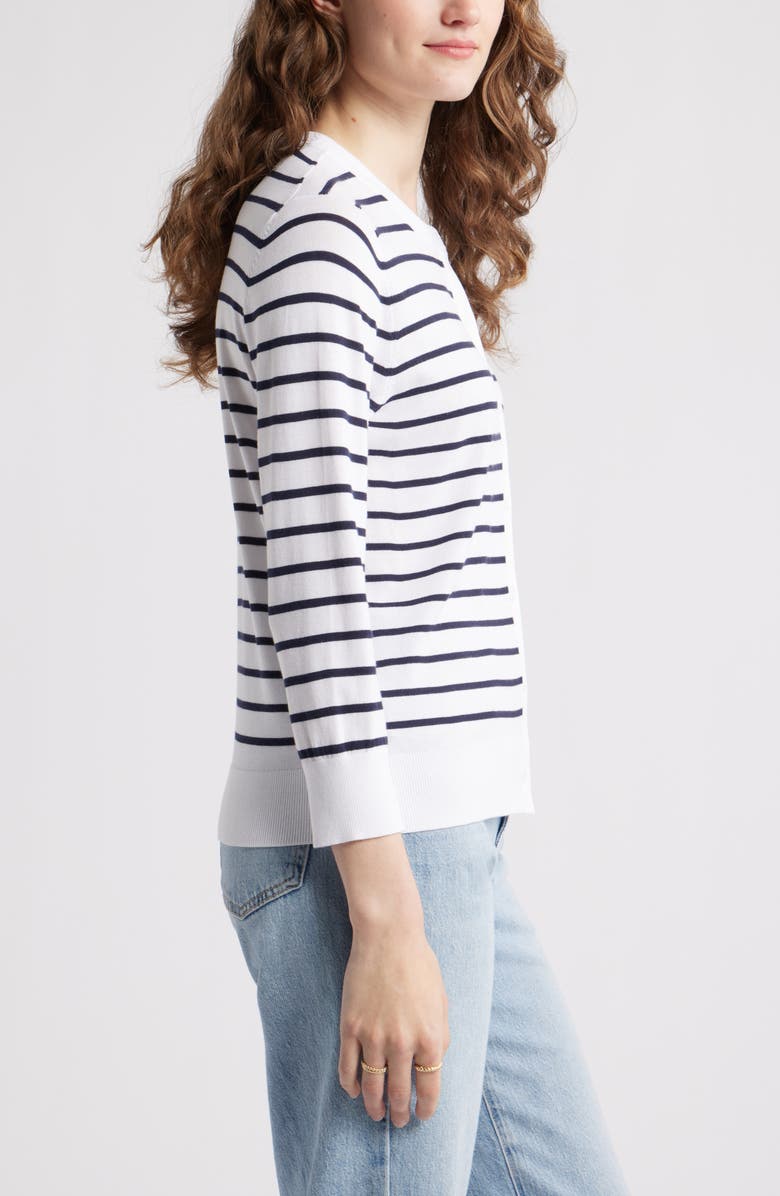 Caslon<sup>®</sup> Crewneck Cardigan, Alternate, color, White- Navy Josephine Stripe