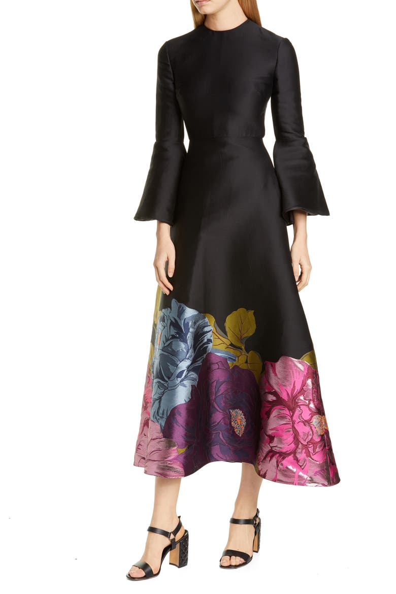 Long Sleeve Metallic Floral Brocade Tea Length Dress, Main, color, MULTICOLOR
