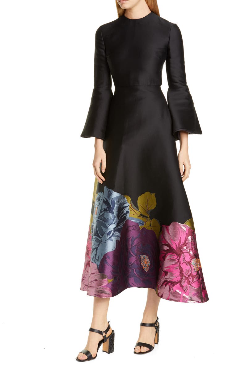 Valentino Long Sleeve Metallic Floral Brocade Tea Length Dress, Main, color, 