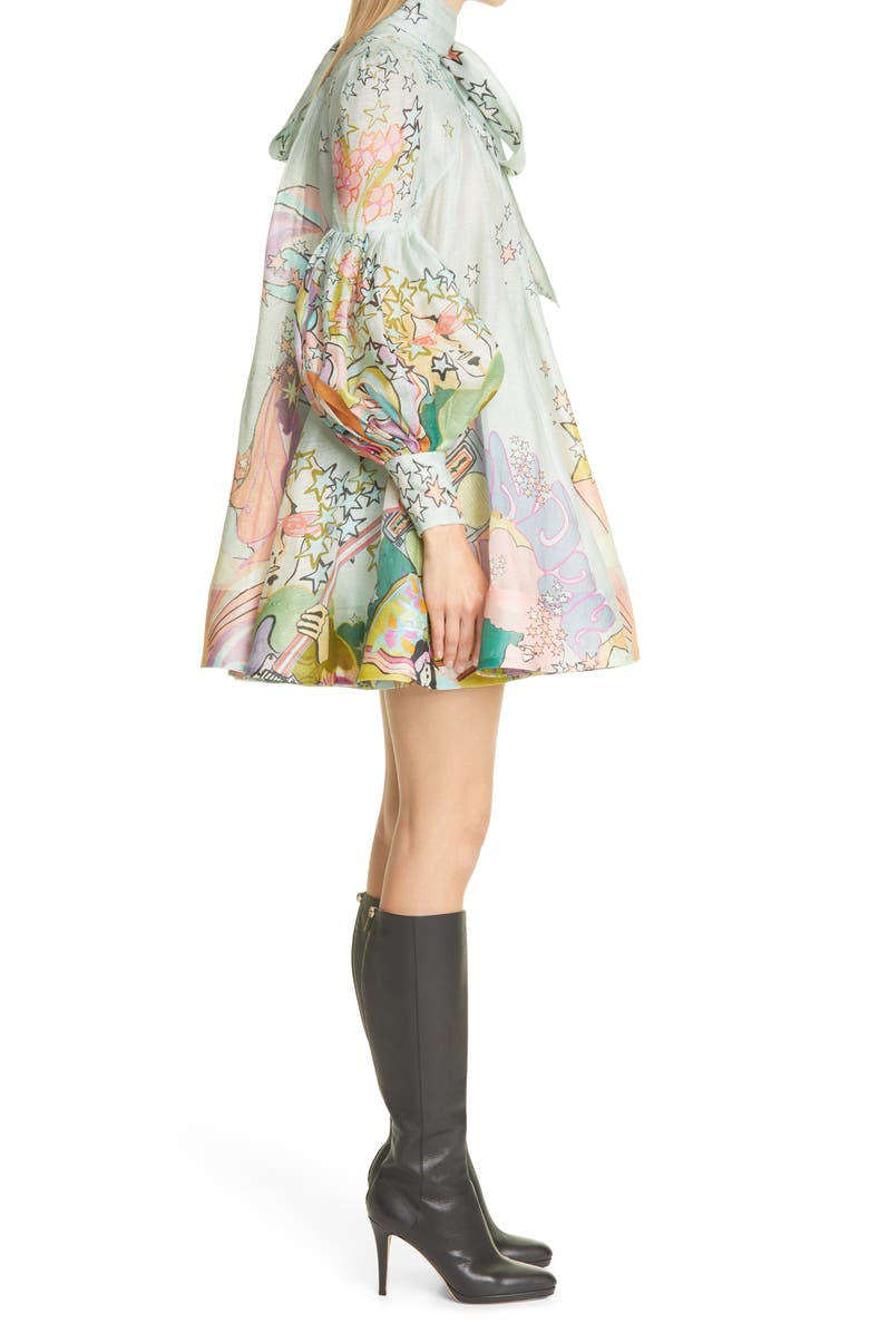 Zimmermann Concert Tie Neck Long Sleeve Linen & Silk Swing Minidress, Alternate, color, 