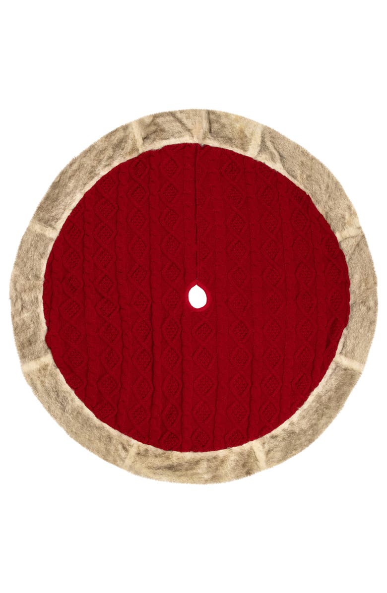 Northlight Cable Knit Christmas Tree Skirt with Faux Fur Trim- 48" - Red, Main, color, Red