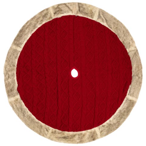 Cable Knit Christmas Tree Skirt with Faux Fur Trim- 48" - Red