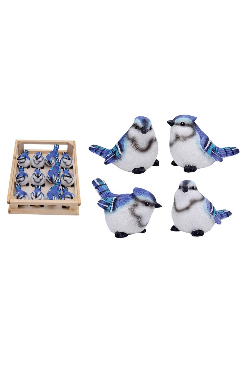 Set of 12 Mini Blue Resin Birds in Crate Decorative Objects for Home and Garden, Main, color, Blue