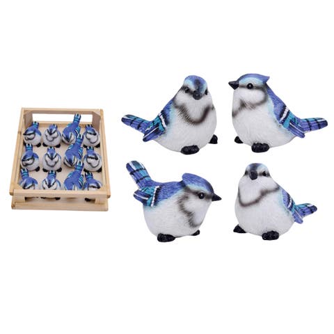 Set of 12 Mini Blue Resin Birds in Crate Decorative Objects for Home and Garden